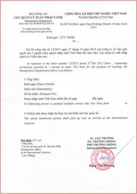 Công văn xin chấp thuận nhập cảnh Việt Nam